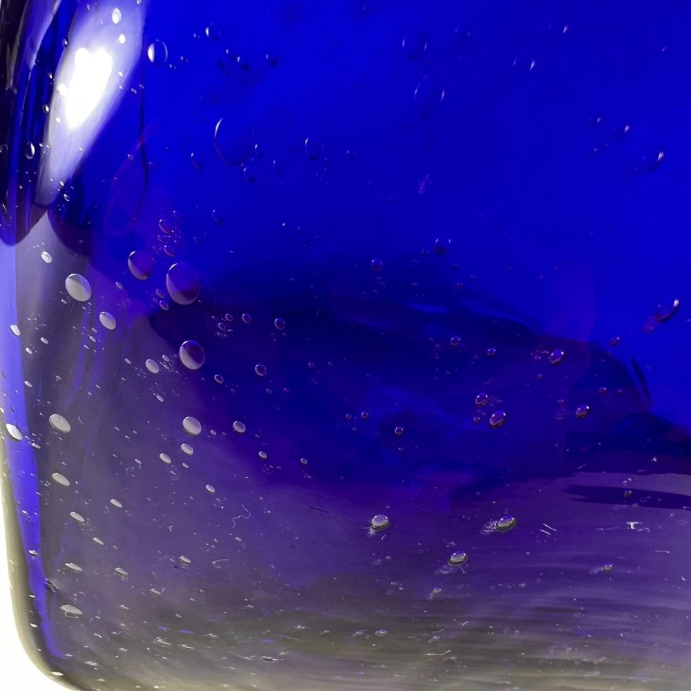 Cobalt Blue Vase Clear Cased Art Glass Hand Blown Bubbles Pattern - Picture 12 of 16